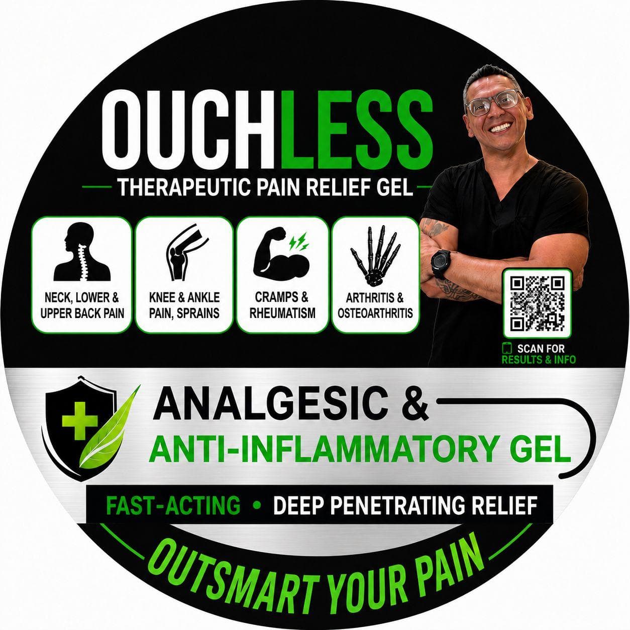Ouchless Gel — jar label with the Ouchless wordmark, indications and the founder Jose Velandia